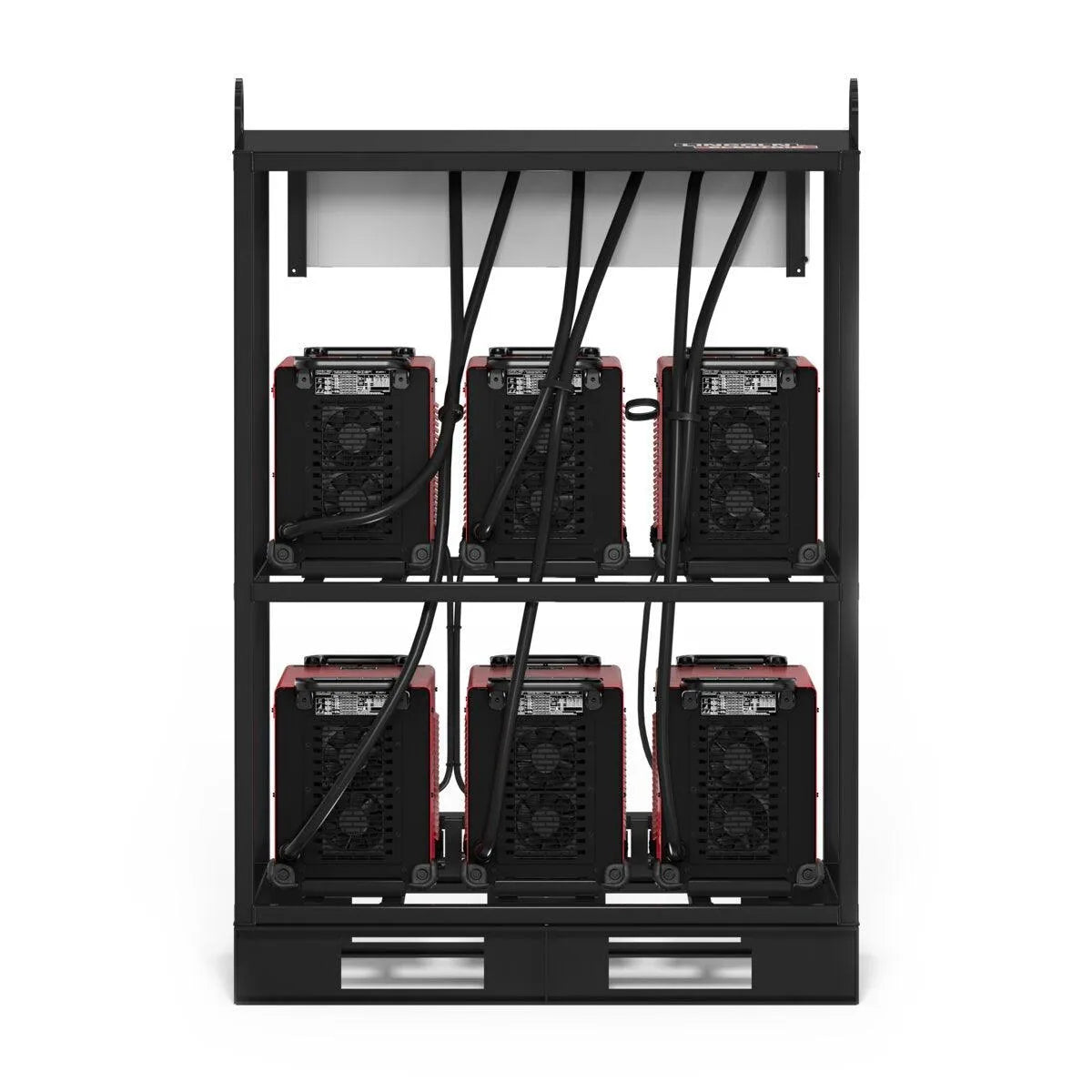 The Lincoln Flextec 350XP (Tweco) 6-Pack Rack K4281-2 features six black and red battery modules in two rows of three, with thick black cables connecting them, resembling a heavy-duty welder setup against a white background.