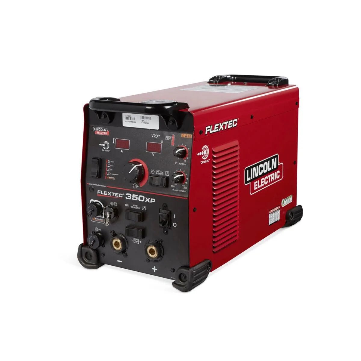 The Lincoln Flextec 350XP Tweco - K4272-2 is a red, rectangular multi-process welder with a black control panel, multiple knobs and connectors, sturdy top handles, and side ventilation slits, displayed on a white background.