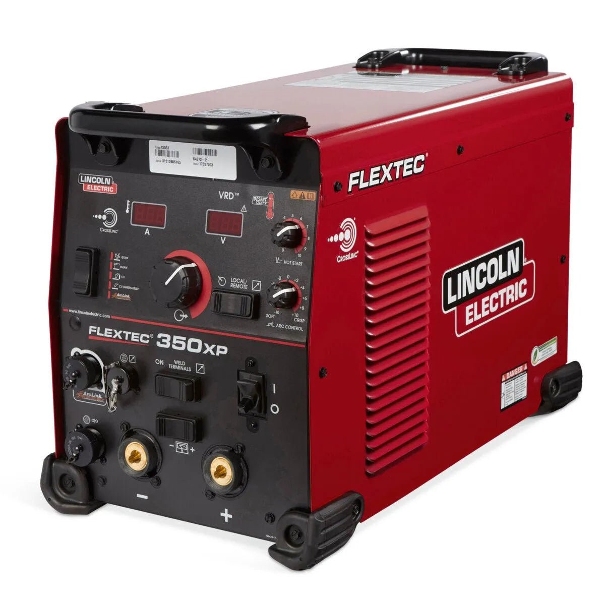 The Lincoln Flextec 350XP Twist Mate - K3442-2 is a sturdy red welding machine with a black control panel, dials, switches, connectors, protective corner guards, and a clearly visible Lincoln Electric logo.