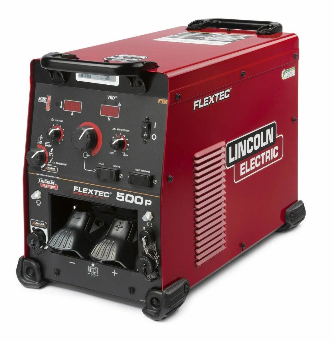 The Lincoln FLEXTEC 500P MULTI-PROCESS WELDER W/ VRD - K4092-1 is red with black handles, control knobs, digital displays, labeled outlets, ventilation slits, and the Lincoln Electric logo on the side; front panel includes controls and connectors.