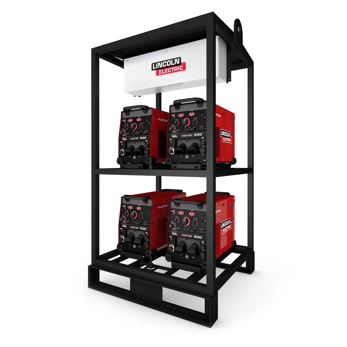 A black metal rack holds a Lincoln Flextec 500X 4-Pack Rack (K4466-1) with four red and black welders—two per shelf—for efficient multi-operator welding, topped by a large white Lincoln Electric box.