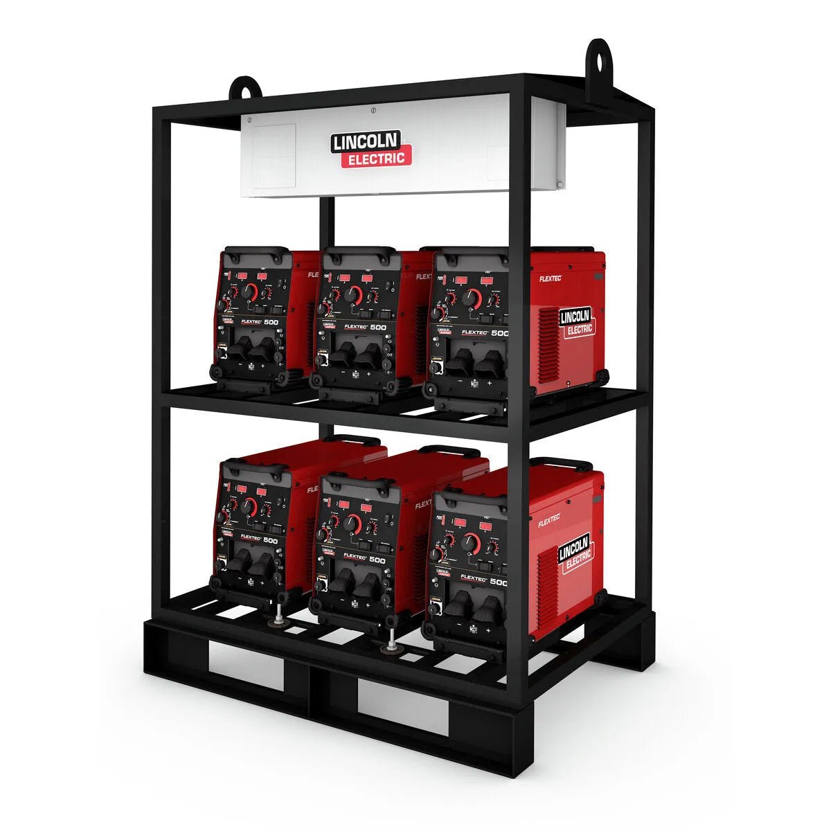 The Lincoln Flextec 500X 6-Pack Rack - K4465-1 features a black rack on a pallet, holding six red multi-process welders (three per lower shelf, control knobs forward) and a white/red Lincoln Electric box on the top shelf.