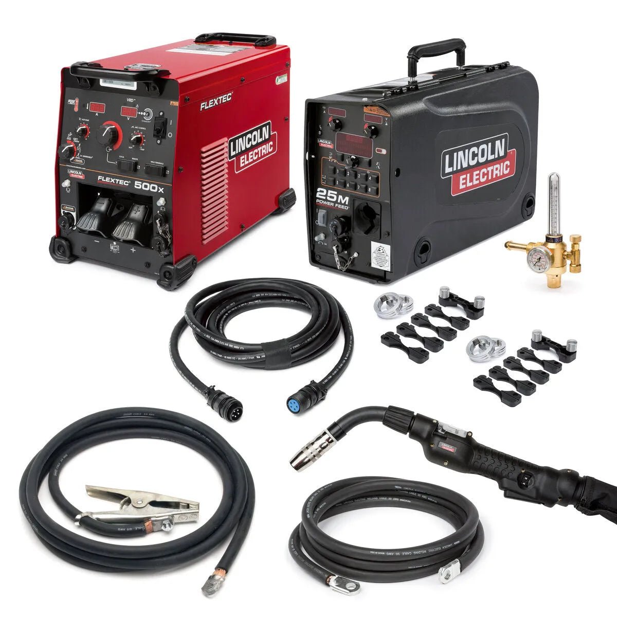 The Lincoln Flextec 500X Aluminum One-Pak (K3612-9) welding machine set includes two main units, cables, clamps, an aluminum/pulse MIG welding gun, pressure gauge, hose, and accessories on a white background.