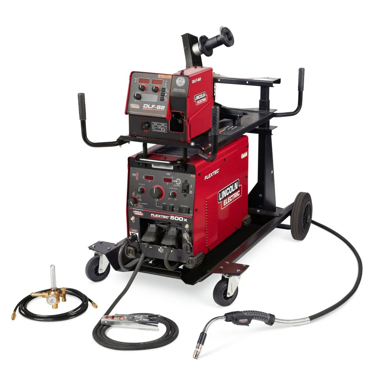 The Lincoln Flextec 500X / DLF-82 Ready-Pak (K3608-5) is a red, wheeled multi-process welding system with control panels, cables, hose, a wire feeder mounted on top, and assorted welding accessories displayed on a white background.