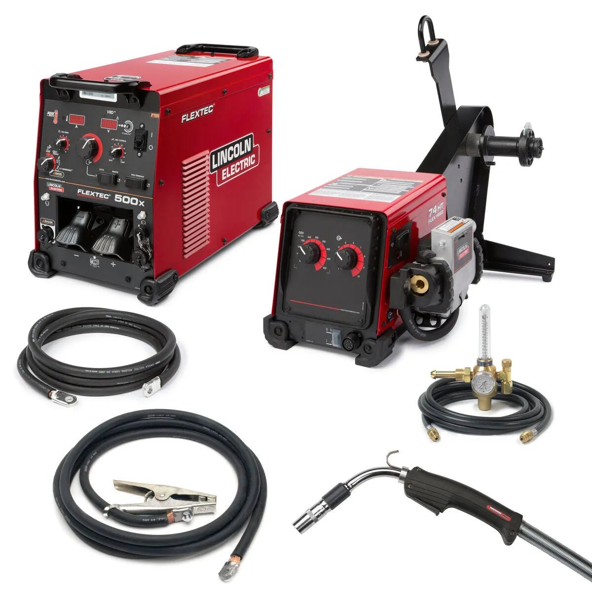 Lincoln Flextec 500X/Flex Feed 74HT One-Pak K3612-3 welding system with cables, wire feeder, gun, clamp, and regulator on white.