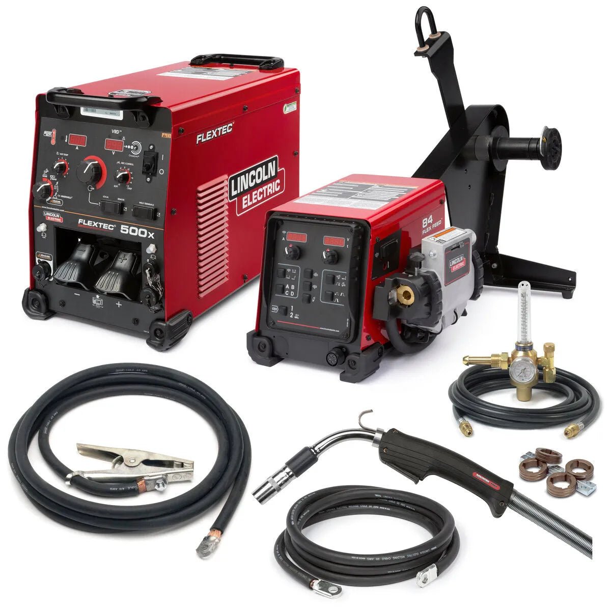 Lincoln Flextec 500X/Flex Feed 84 Heavy Duty One-Pak welder with wire feeder, welding cables, gas regulator, torch, and clamps.