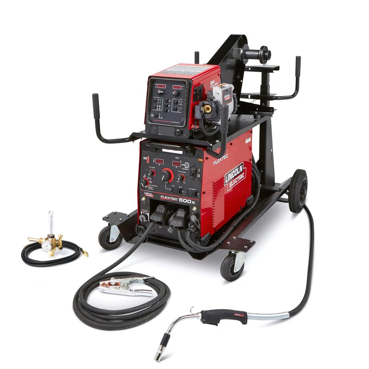 Lincoln Flextec 500X/Flex Feed 84 Ready-Pak K3608-4 multi-process welder with cables, gun, clamp, gas regulator on cart.