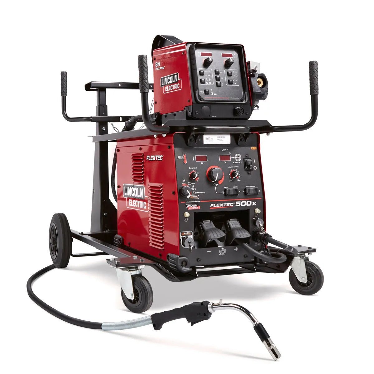 Lincoln Flextec 500X Flex Feed 84 Ready-Pak welder on cart with control panels, torch, and hose—premium welding equipment at WeldingMart.