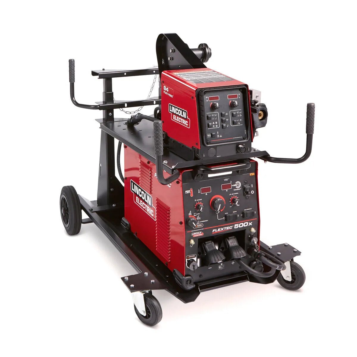 Lincoln Flextec 500X Flex Feed 84 Ready-Pak welder, red, with cart, handles, control panels, cables—WeldingMart welding equipment.