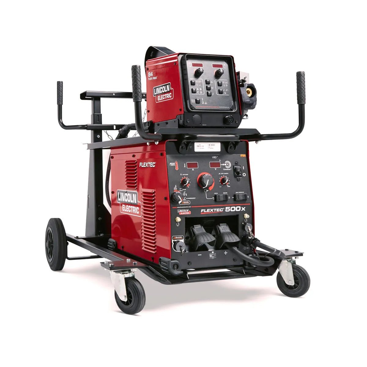 Lincoln Flextec 500X/ Flex Feed 84 Ready-Pak welder on wheeled cart with controls and cables, WeldingMart welding equipment.