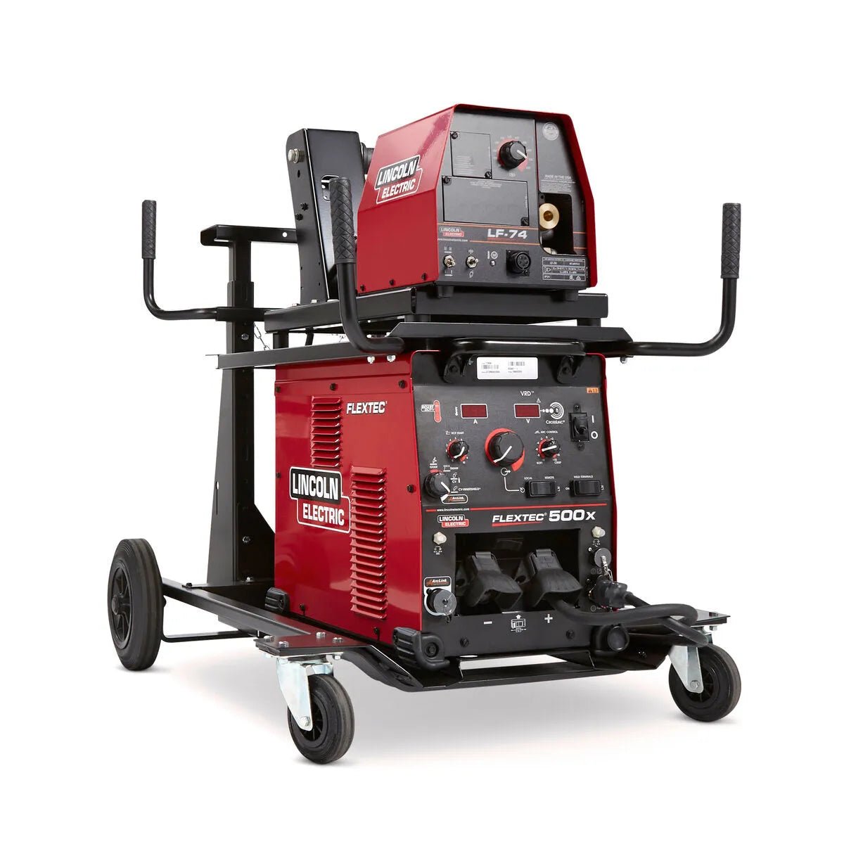 Lincoln Flextec 500X/LF-74 Ready-Pak industrial welder on wheels with wire feeder, controls, and handles for versatile welding jobs.