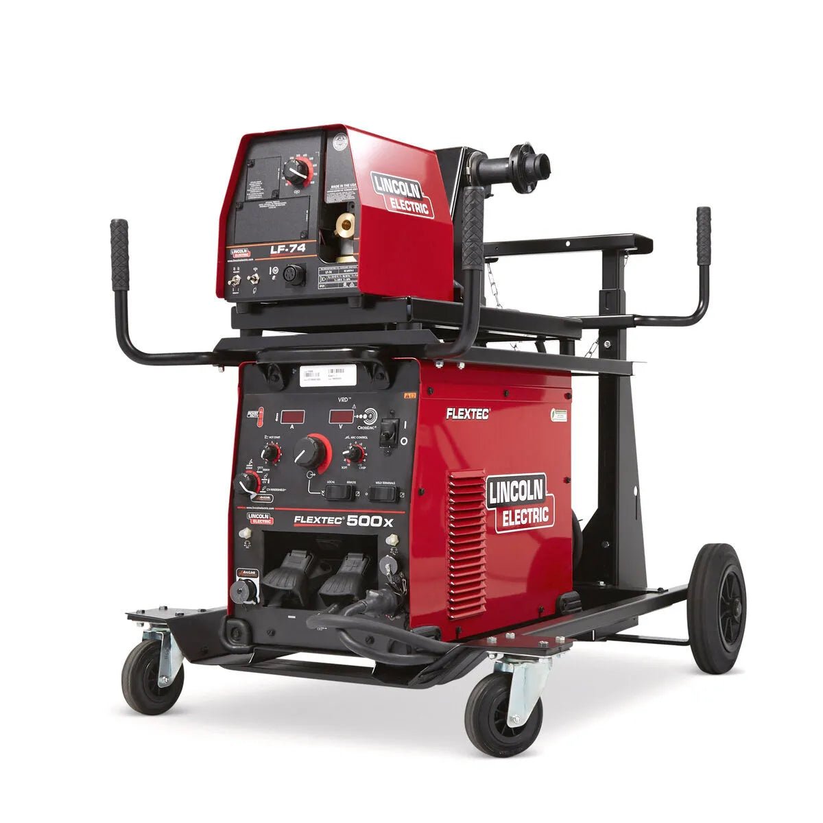 Lincoln Flextec 500X LF-74 Heavy Duty Ready-Pak Multi-Process Welder with wire feeder, controls, wheels—industrial welding tool.