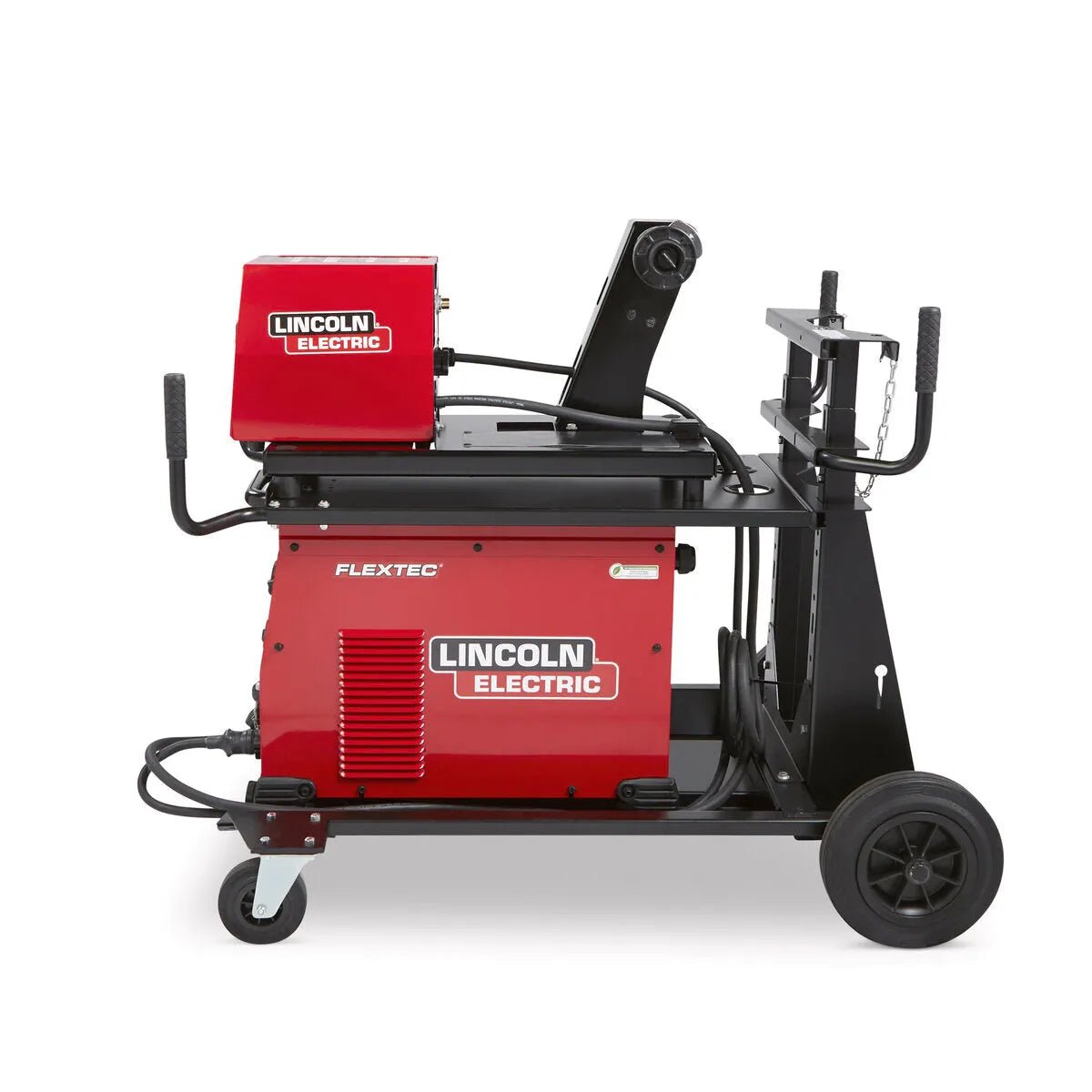 Lincoln Flextec 500X/LF-74 Ready-Pak welder on cart with wire feeder, cable hooks—multi-process welding equipment from WeldingMart.