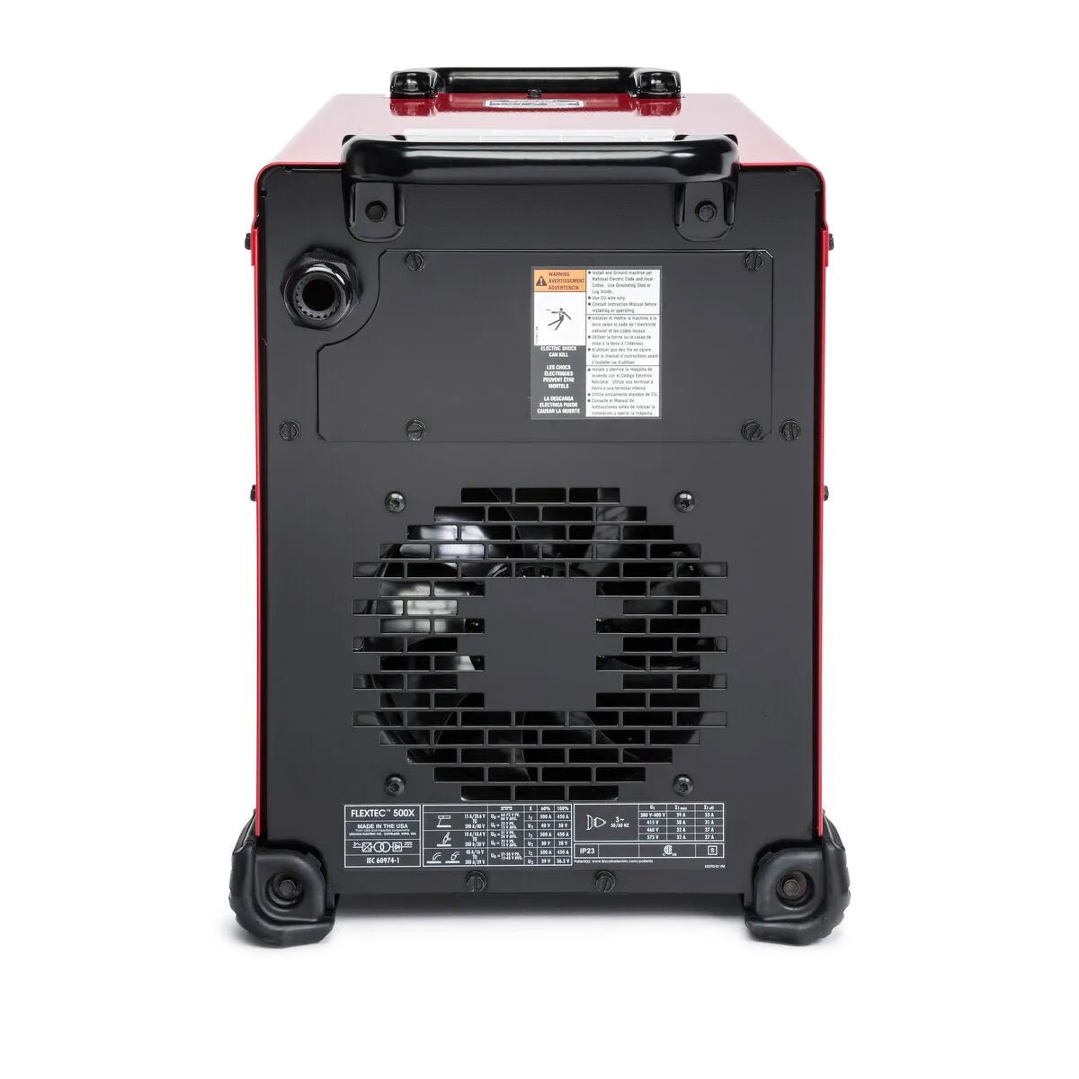 Lincoln Flextec 500X Multi-Process Welder K3607-1 rear view with ventilation fan, caution labels for industrial welding.