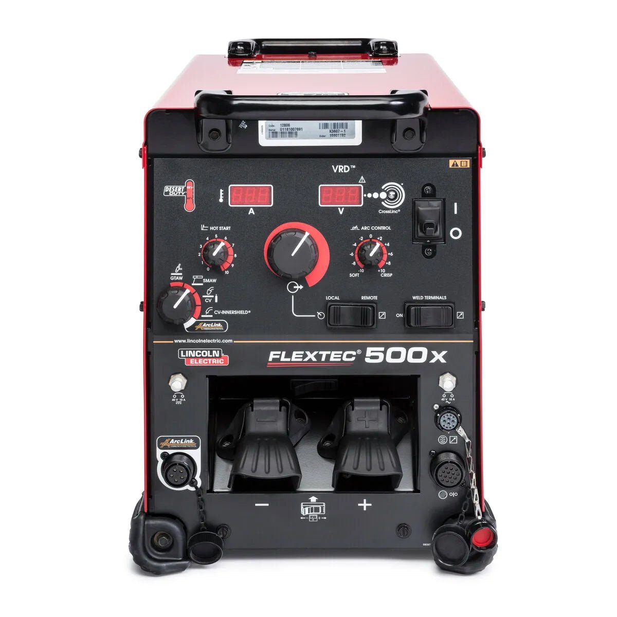Lincoln Flextec 500X Multi-Process Welder K3607-1 front view, control knobs, digital displays, connectors for industrial welding.