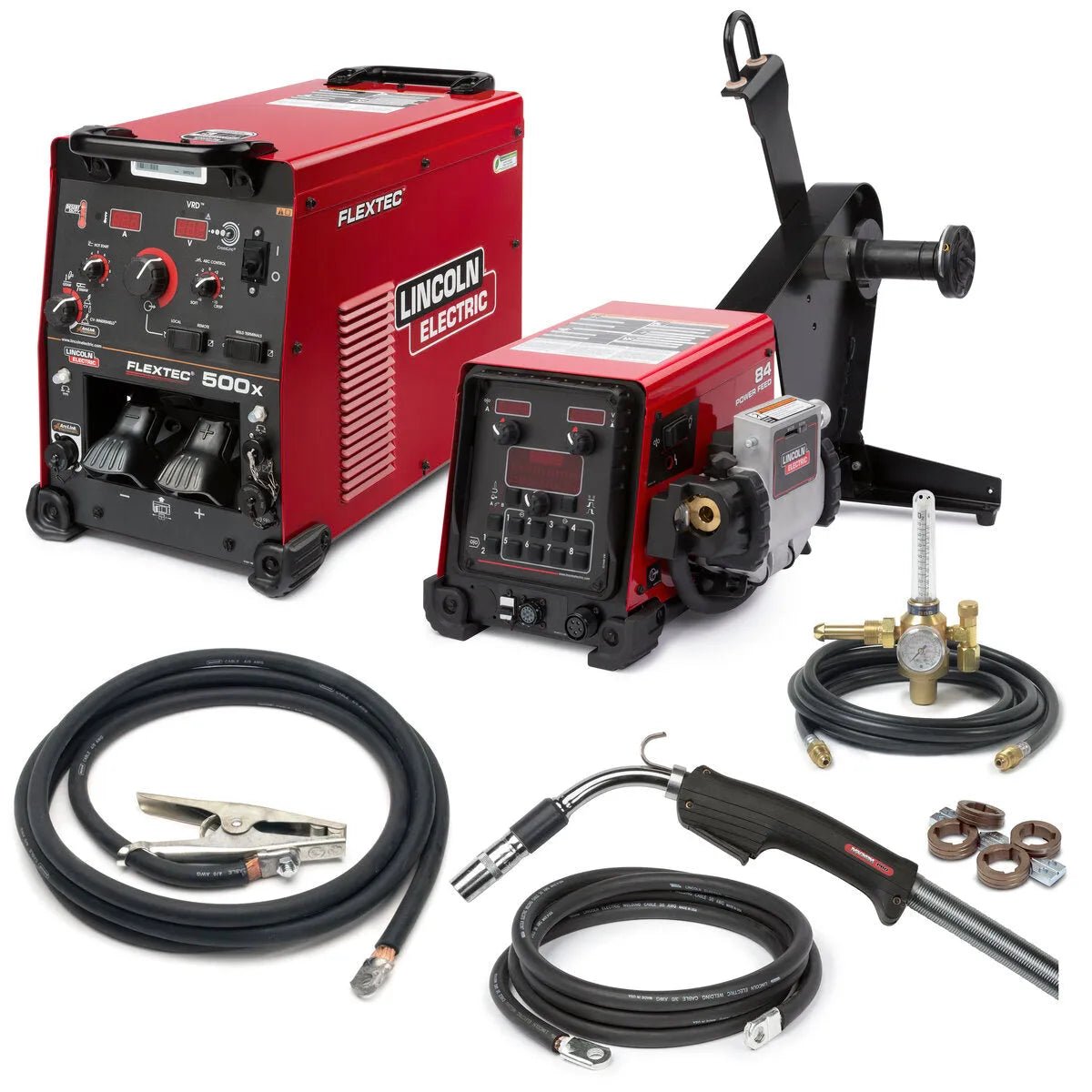 Lincoln Flextec 500X/Power Feed 84 One-Pak welder with wire feeder, regulator, hoses, ground clamp, welding gun, and tools.