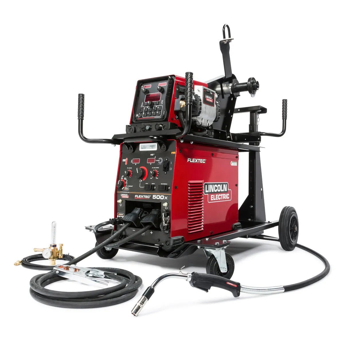 Lincoln Flextec 500X Power Feed 84 Ready-Pak K3608-3 welding machine with cables, hoses, gun, and control panel on wheels.
