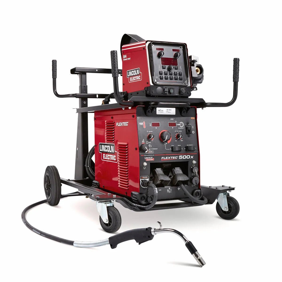 Lincoln Flextec 500X/Power Feed 84 Ready-Pak K3608-3 welding machine with MIG gun, cables, and controls on a cart at WeldingMart.