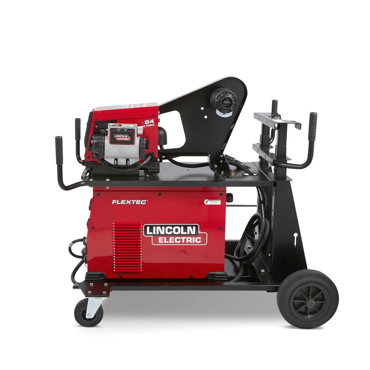 Lincoln Flextec 500X/Power Feed 84 Ready-Pak K3608-3 heavy-duty welding machine on wheeled cart with spool holder and accessories.