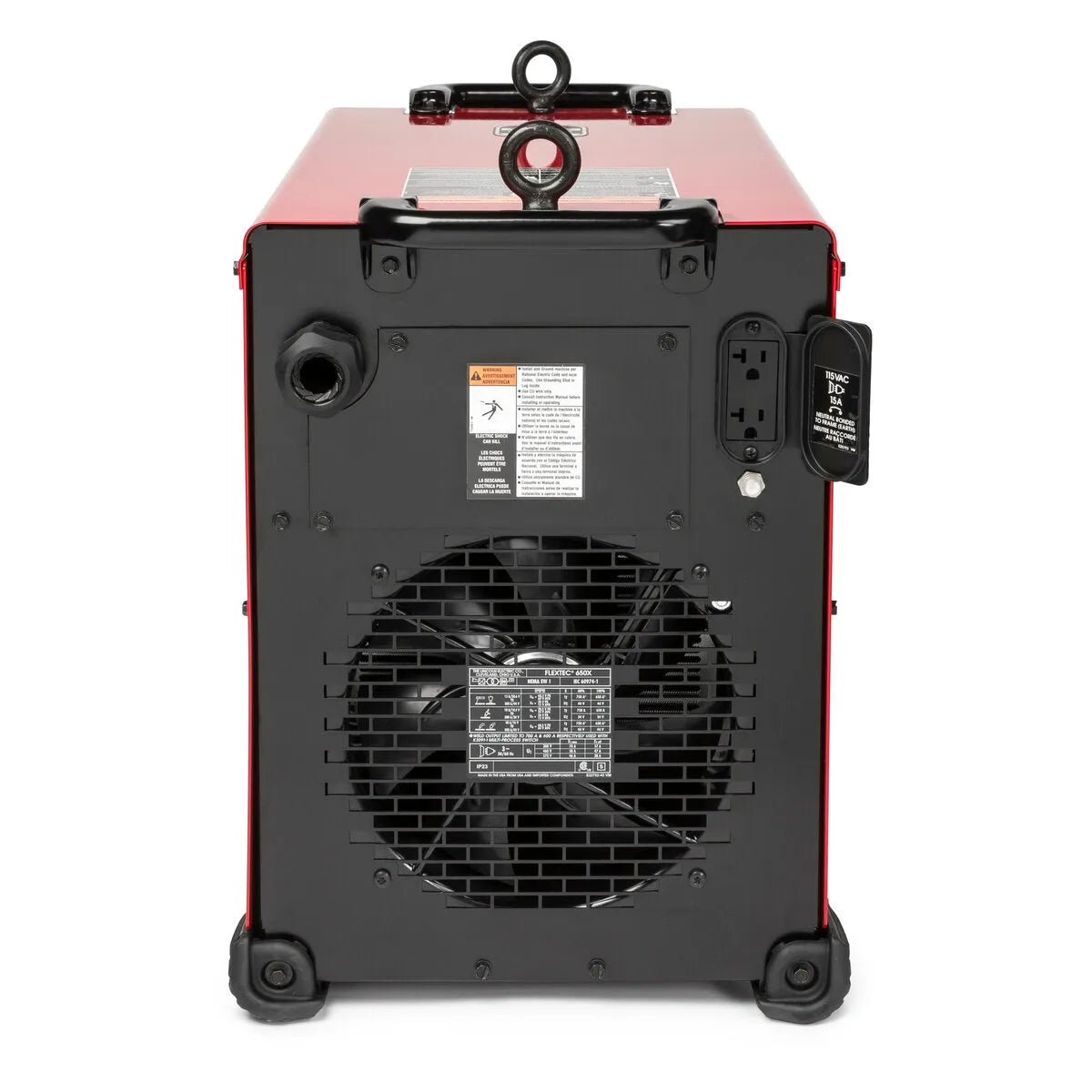A rear view of the Lincoln Flextec 650X Multi-Process Welder with CrossLinc Technology (K3425-1) in red and black shows a large cooling fan, various outlets, warning labels, sturdy rubber feet, and a top lifting handle.