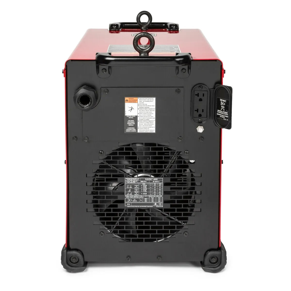 A rear view of the Lincoln Flextec 650X Multi-Process Welder with CrossLinc Technology (K3425-1) in red and black shows a large cooling fan, various outlets, warning labels, sturdy rubber feet, and a top lifting handle.