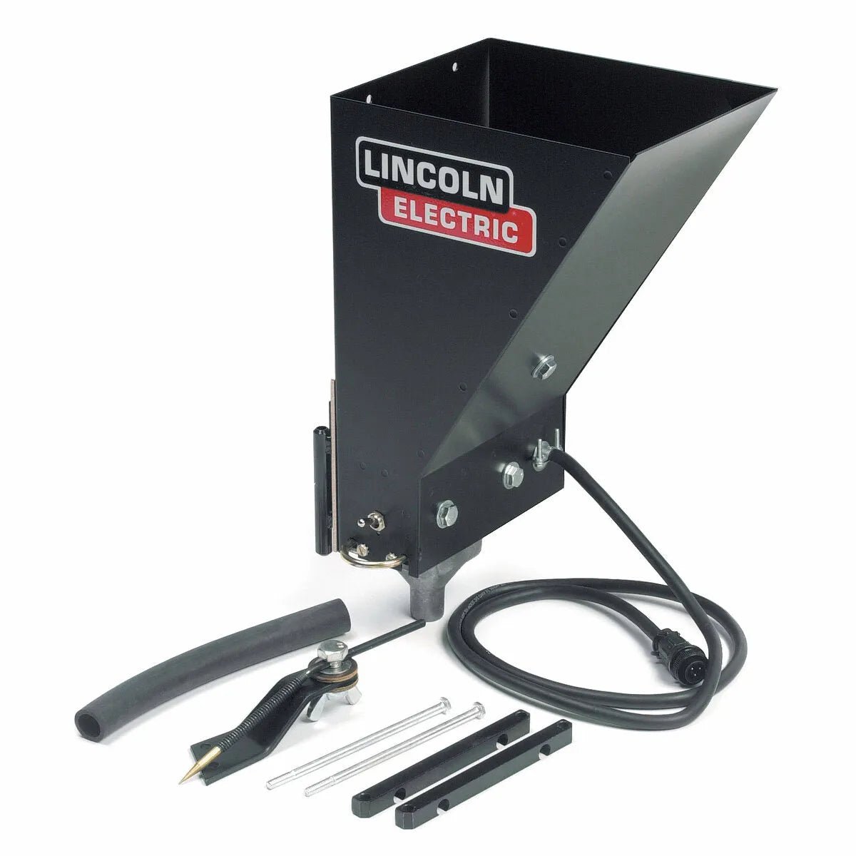 The Lincoln Flux Hopper K219 is a black metal welding accessory featuring a large angled hopper, attached hose, electric flux valve, electrical cable, and small components. The Lincoln Electric logo is visible on the hopper against a white background.