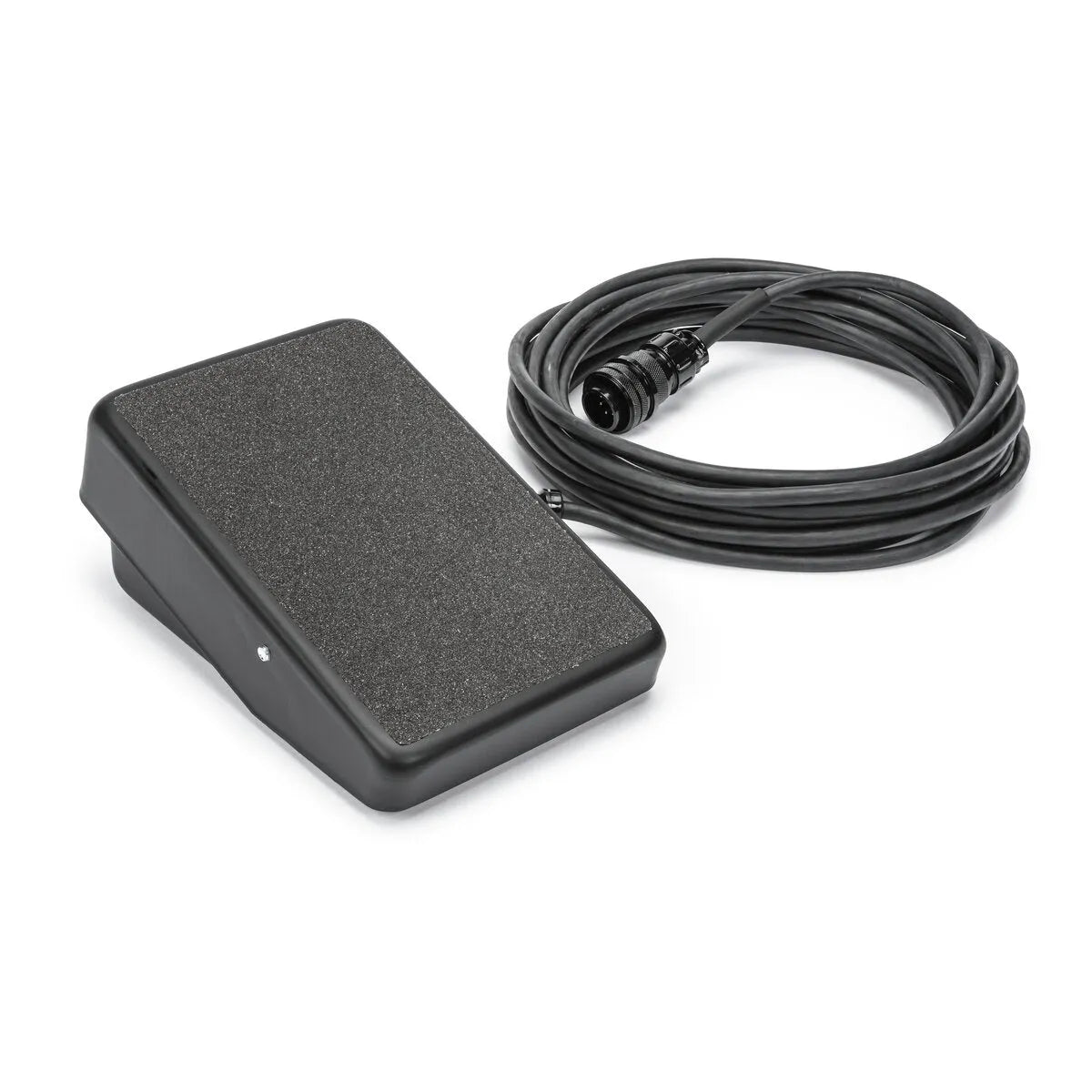 The Lincoln Foot Amptrol 25 ft. (7.6m) (12 pin) K870-2 is a black rectangular remote current control pedal with a textured surface and angled design, connected to a long coiled cable with circular connector—ideal for TIG welding.