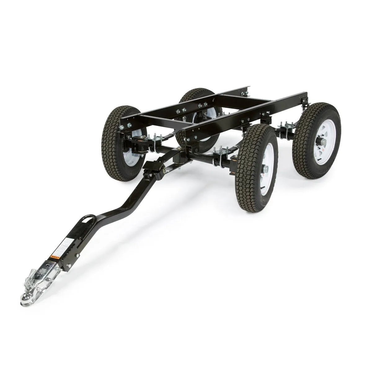 The Lincoln Four-Wheel Steerable Yard Trailer K2641-2 features a black metal frame, two axles, white-rimmed tires, and a long angled tow bar with hitch. Its open design shows only the trailer frame and support beams.