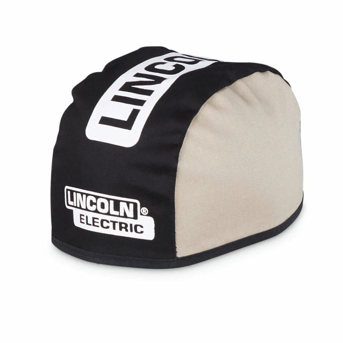 Lincoln FR Welding Beanie Khaki & Black XL K4822-XL, flame-retardant head protection for welders, durable cotton, Lincoln logo.