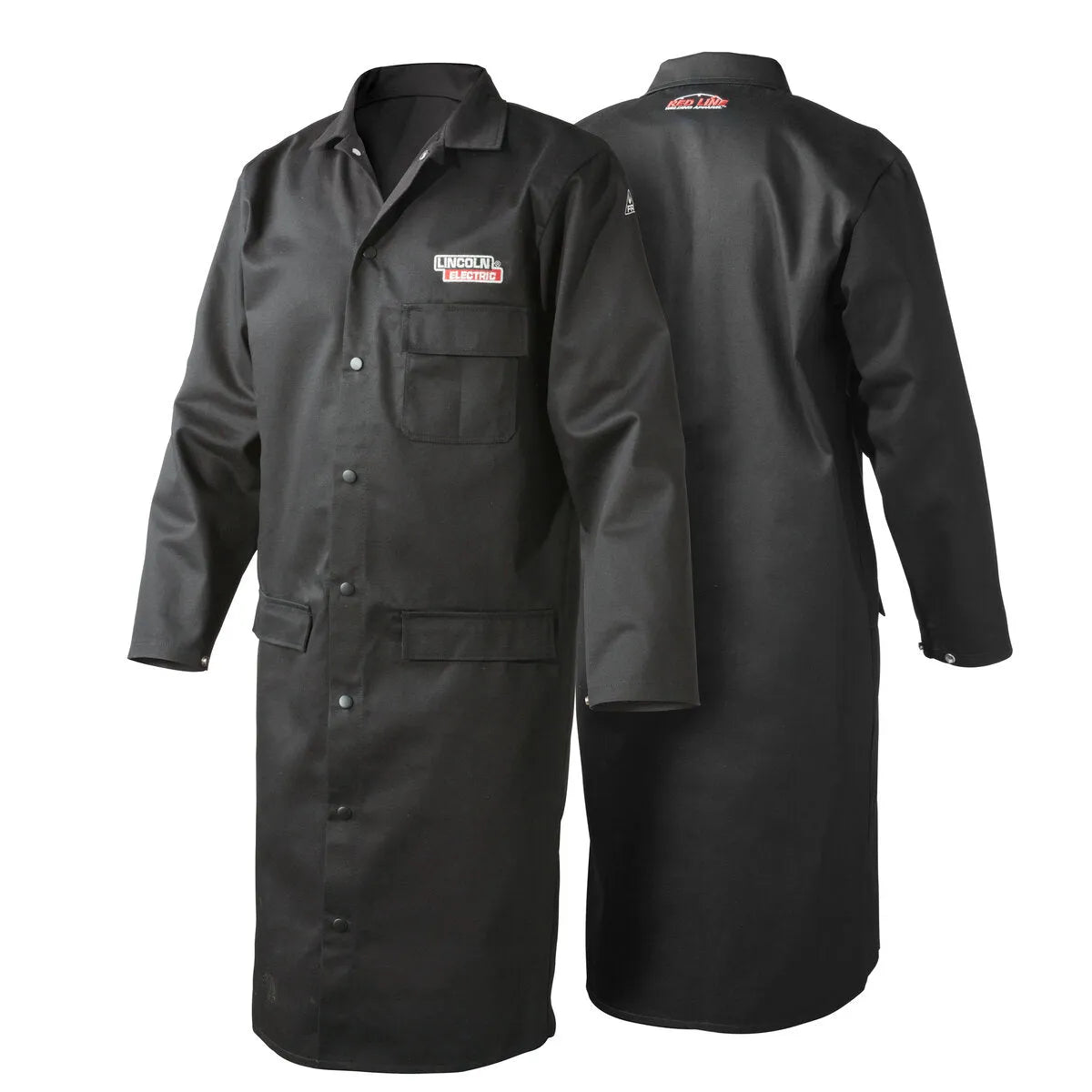 Two black, long-sleeved FR welding lab coats with buttons, shown front and back. Each flame retardant welding coat features a chest pocket and a Lincoln Electric logo on the chest and upper back for light duty welding protection.