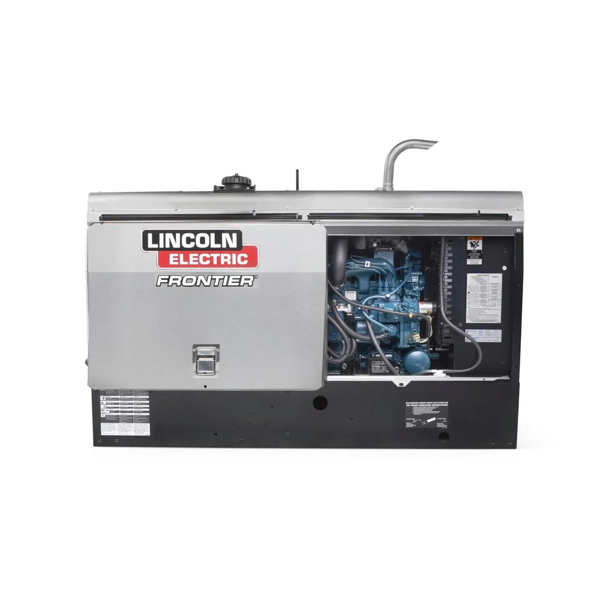 The Lincoln Frontier 400X Engine-Driven Welder/Generator Ready-Pak 3 (K3484-2-RP3) features a silver and black exterior, an open side panel showing blue engine parts, and is labeled “FRONTIER” and “LINCOLN ELECTRIC” on a white background.