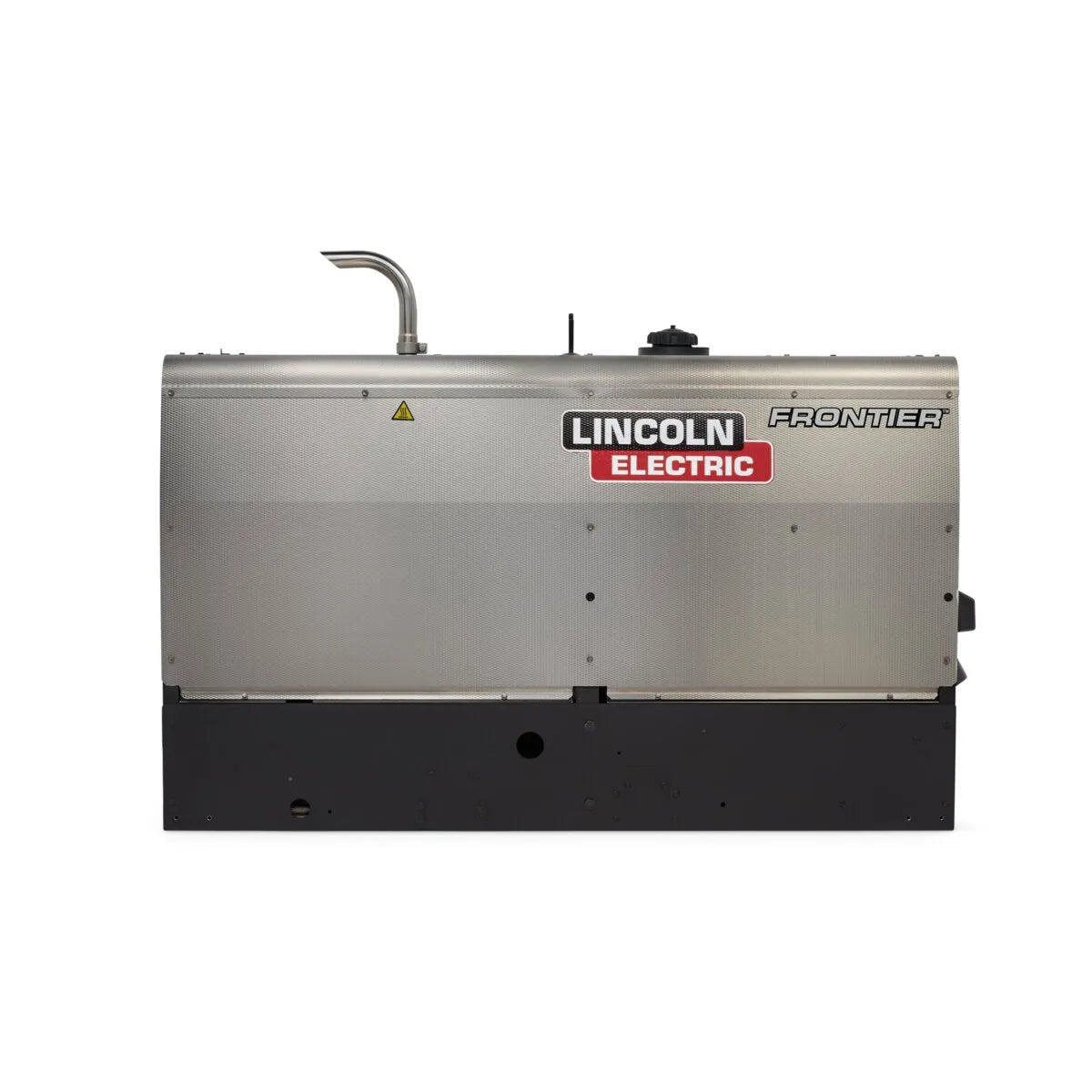The Lincoln Frontier 400X Pipe Engine Driven Welder Perkins (K3485-1) features a stainless steel exterior, small top-left exhaust, visible labels, and a rectangular black-and-silver design—ideal for pipeline welding projects.