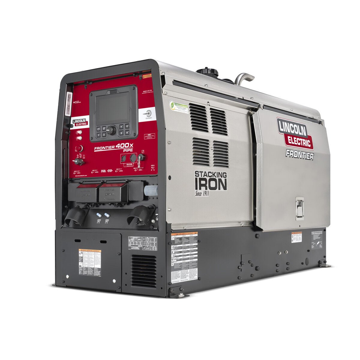 Lincoln Frontier 400X Pipe K3485-4 rear three-quarter view with Stacking Iron graphics and stainless enclosure.