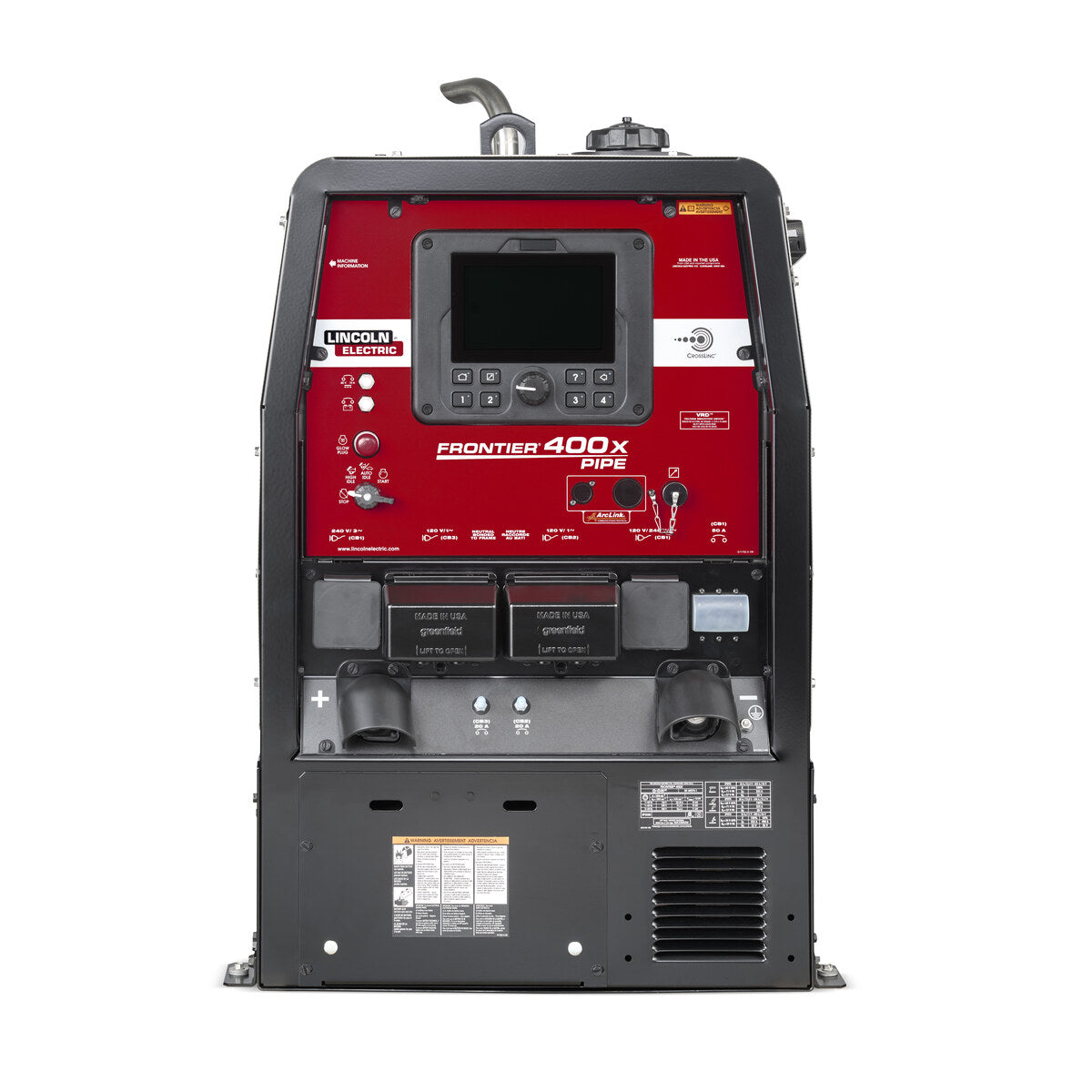 Lincoln Frontier 400X Pipe K3485-4 red control panel with digital display, new rotary start switch and pipeline weld mode controls.