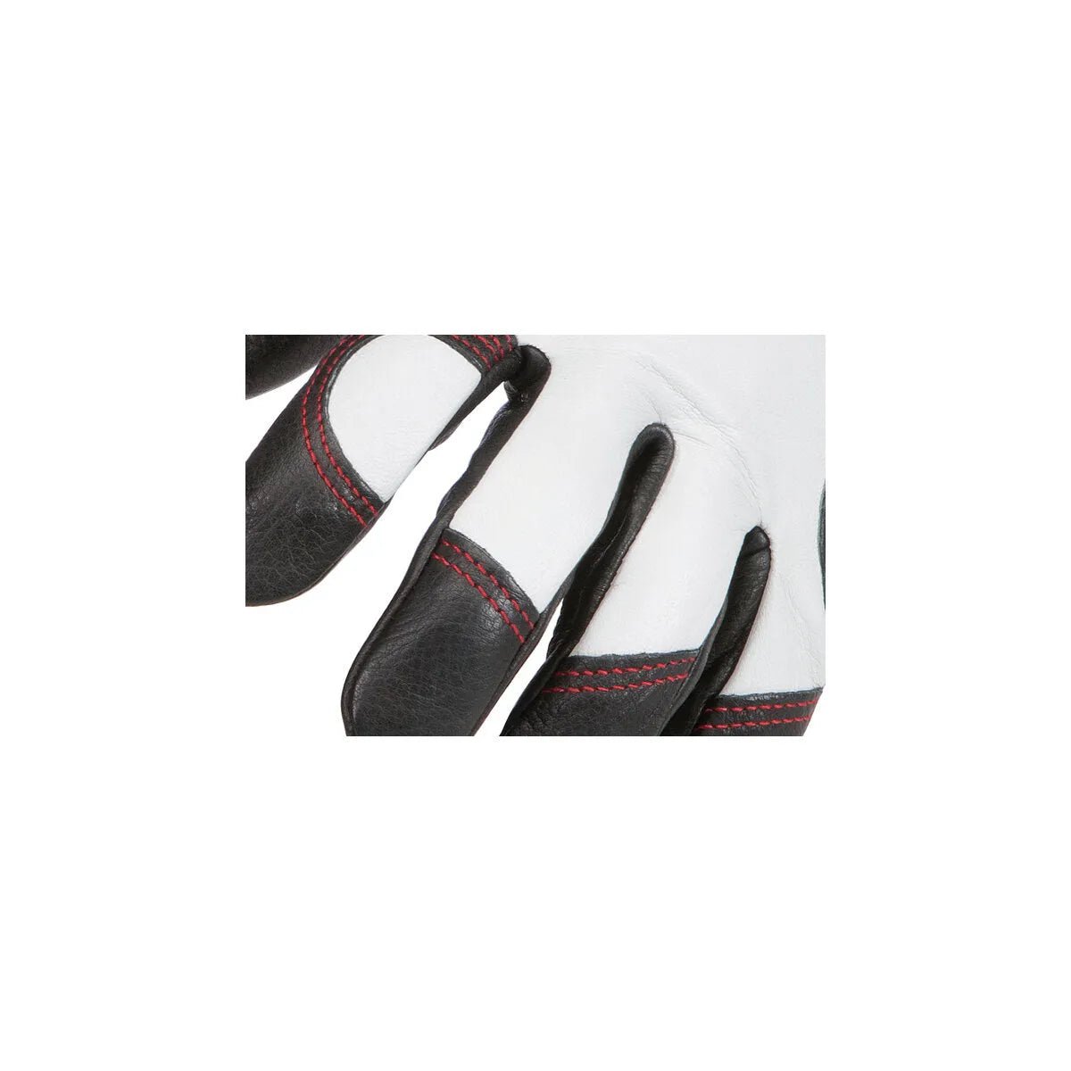 Close-up of Lincoln Full Leather SteelWorker Welding Gloves Large K2977-L in black and white leather with visible red stitching, slightly spread fingers, and detailed textured material, designed for welding tasks.