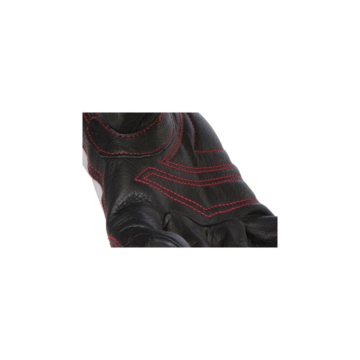 Close-up of Lincoln Full Leather SteelWorker Welding Gloves Small (K2977-S) in black leather with visible red stitching, focusing on the back of the hand and fingers. The textured leather and curved seams are shown against a white background.