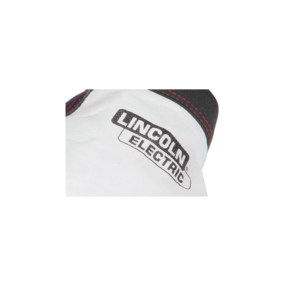 Close-up of the Lincoln Full Leather SteelWorker Welding Glove Small K2977-S, white leather with black stitching and partial black cuff. The glove displays the Lincoln Electric logo in black on a plain background.