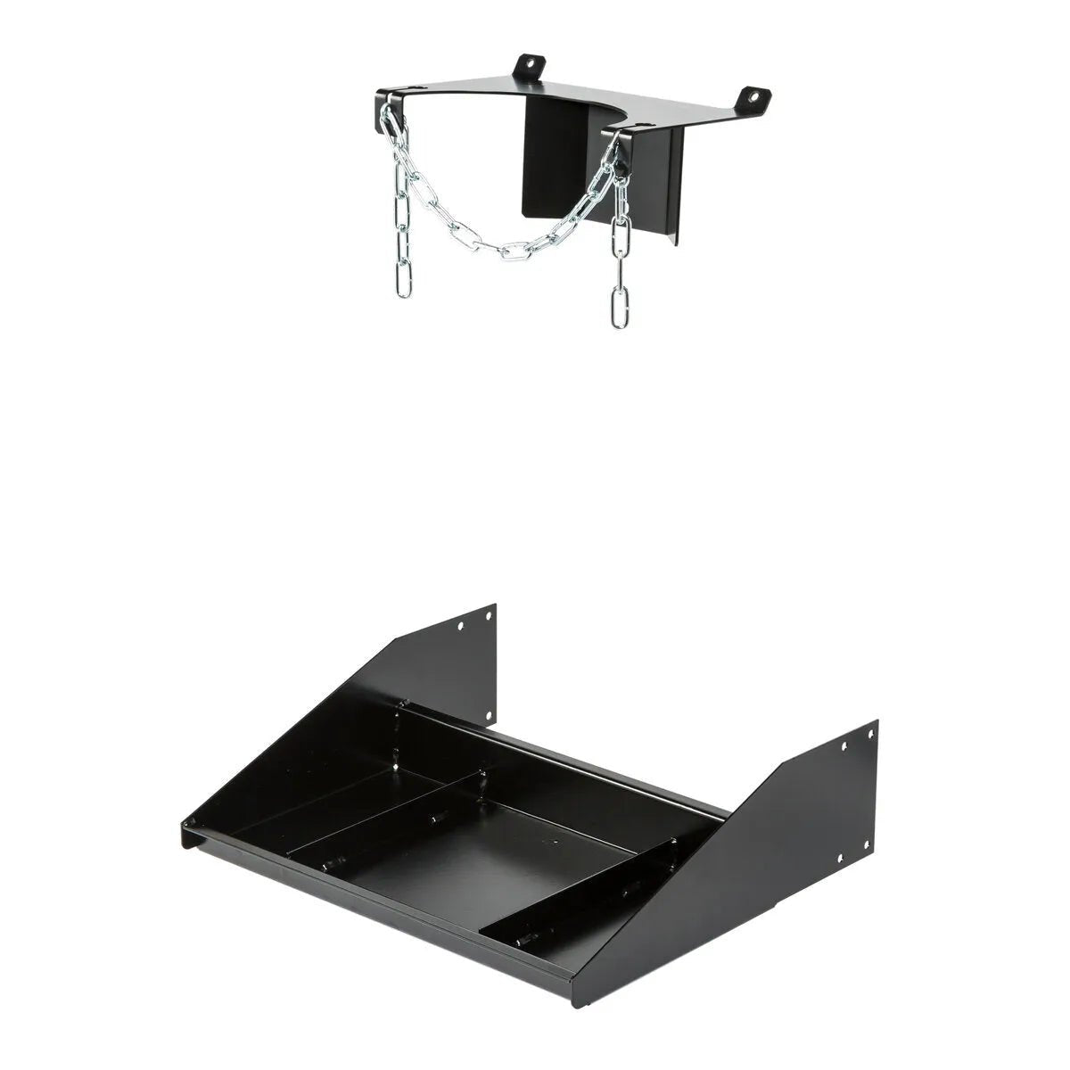 The image shows two black metal components—a wall-mounted bracket with a chain and a slanted tray—designed for installation as parts of the Lincoln Gas Cylinder Holder K3592-1 for secure welding gas cylinder storage.
