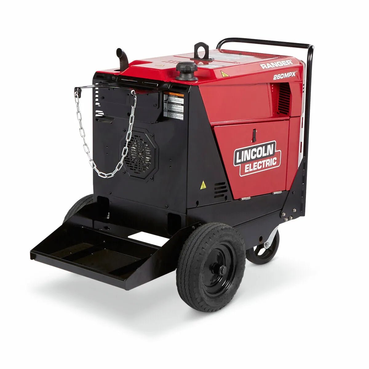 A Lincoln Gas Cylinder Holder K3592-1 is shown attached to a welder, featuring a sturdy metal handle, two large wheels, a protective chain for securing a welding gas cylinder, and a clearly labeled control panel on top.