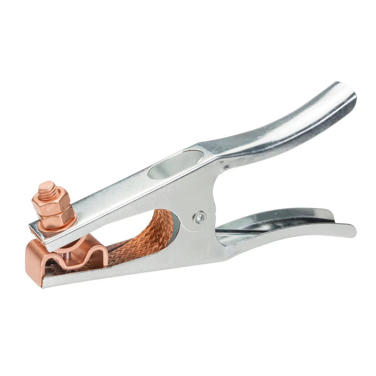 A silver and copper alligator-style welding clamp with a bolt for tightening, used for secure electrical connections; comparable to the Lincoln GC-300 Work Clamp.