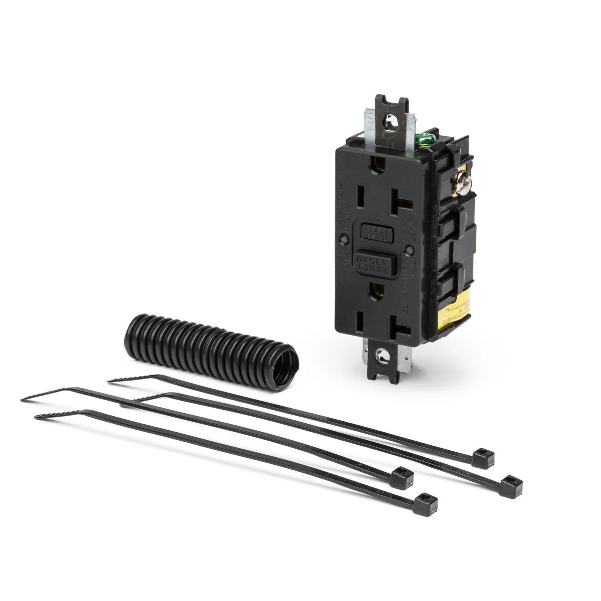 A black 120V GFCI outlet with test/reset buttons stands upright with a coiled black wire and three parallel zip ties, all on a white background—components of the Lincoln GFCI Kit K3157-1.