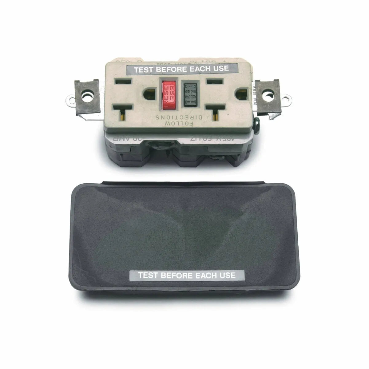 A close-up of a GFCI receptacle kit shows exposed wiring tabs and a black rectangular cover below it, both labeled TEST BEFORE EACH USE. This 120V duplex receptacle ensures added safety for electrical connections.