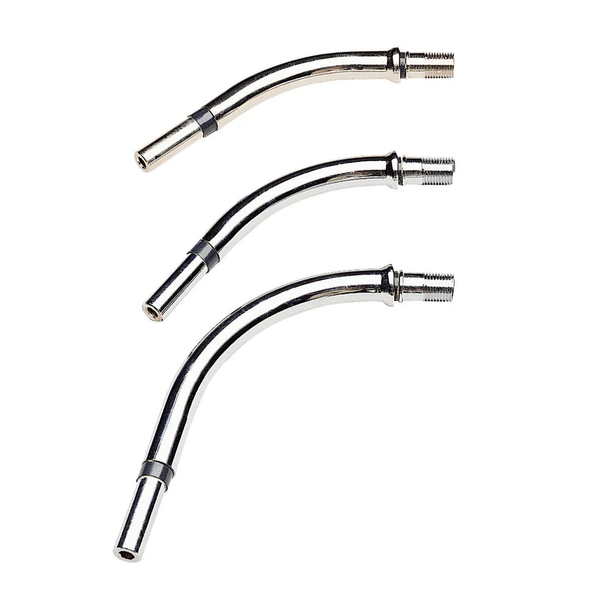Three silver Lincoln Gun Tube Assembly 45° (400 Amp) KP1929-1 pipes are vertically aligned on a white background. Each varies in length and bend angle, featuring black bands near the widened threaded ends.