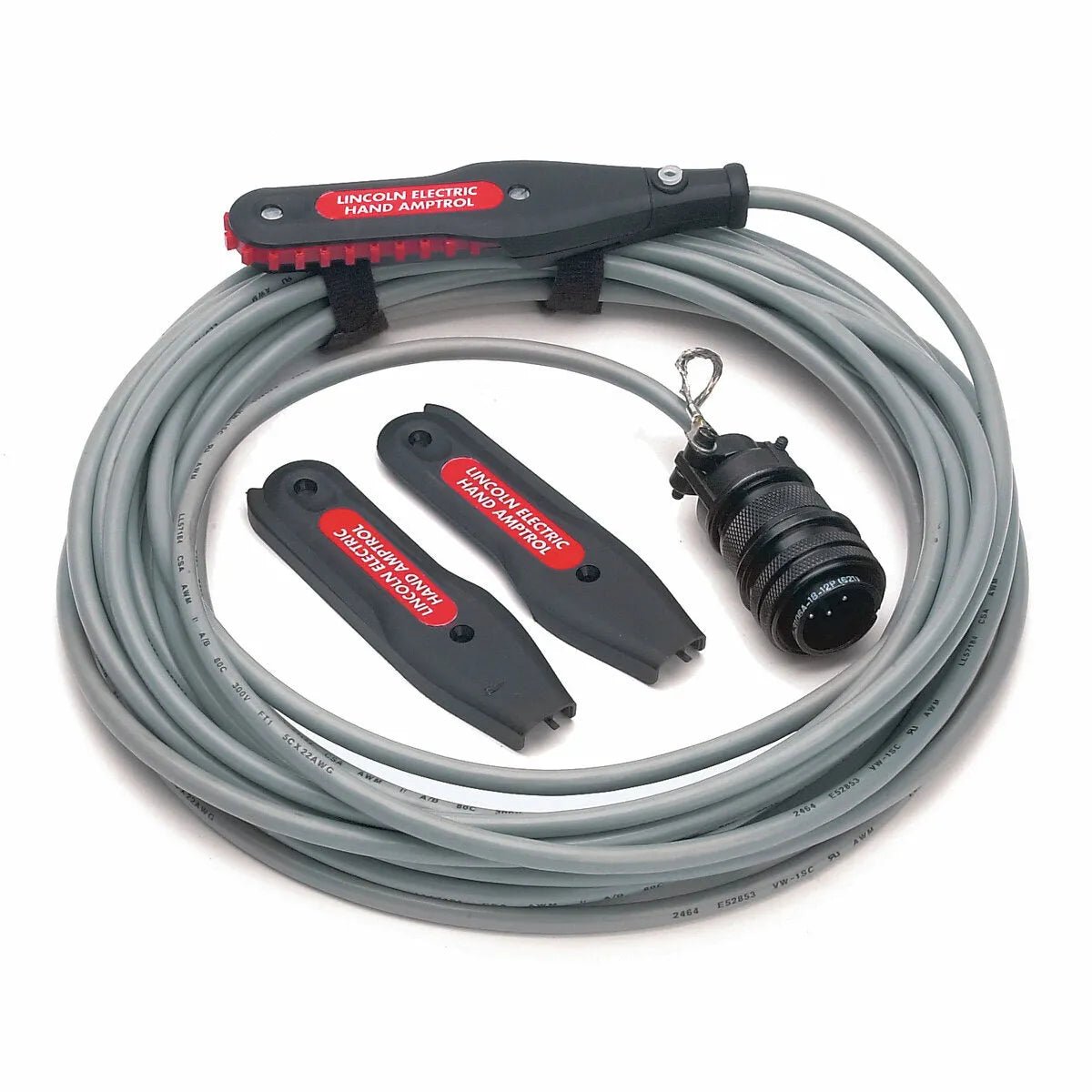 The Lincoln Hand Amptrol Rotary Track Style, 6 Pin, 25 ft. (7.6 m) K963-3 is a coiled gray cable with three black control handles and connector, designed for precise TIG torch control, all neatly arranged on a white background.