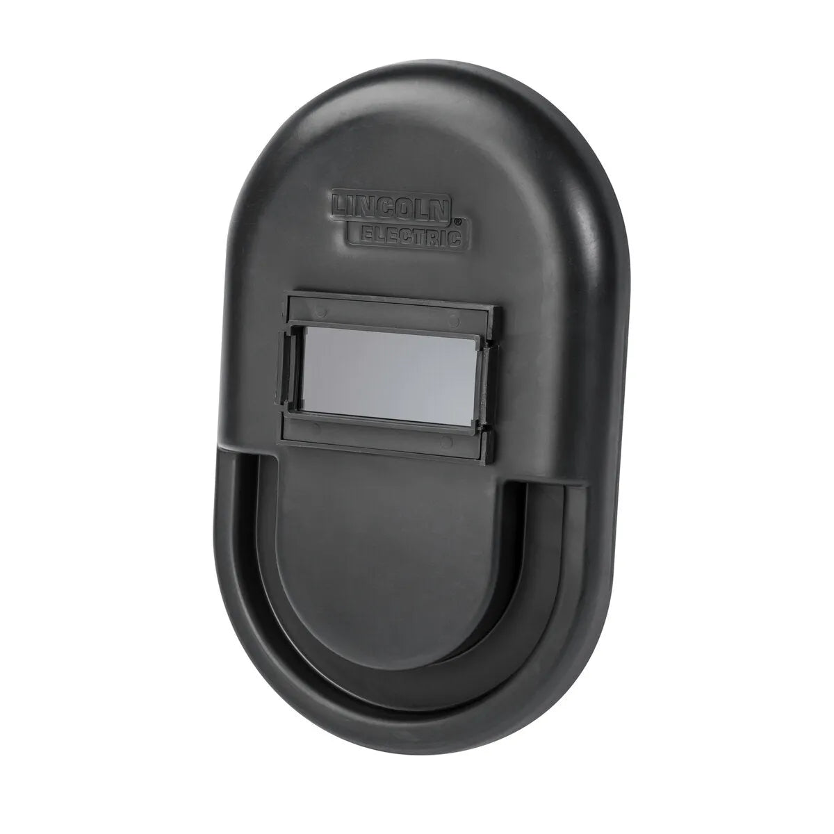 The Lincoln Hand Shield - K1878-1 is a black, oval mask with a small rectangular Shade 9 lens, smooth surface, Lincoln Electric branding above the window, and an integrated handle at the bottom.