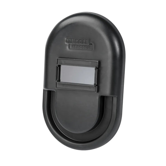 The Lincoln Hand Shield - K1878-1 is a black, oval mask with a small rectangular Shade 9 lens, smooth surface, Lincoln Electric branding above the window, and an integrated handle at the bottom.