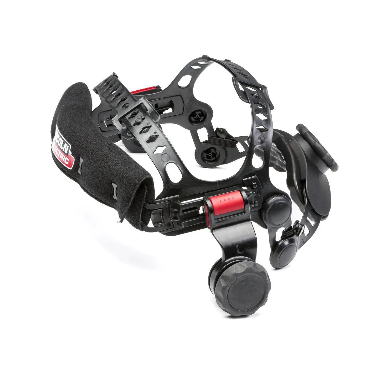 Lincoln KP3706-1 adjustable headgear with sweatband for VIKING 3250D welding helmet, black/red, padded suspension system.