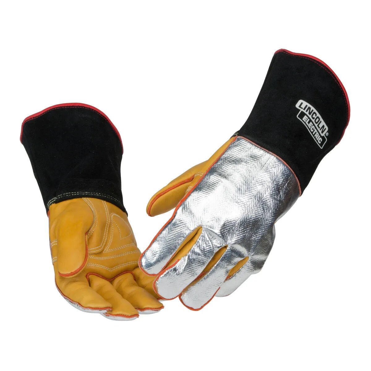 A pair of heat resistant welding gloves with black cuffs, yellow leather palms, and shiny silver aluminized PFR Rayon material on the top side, featuring the Lincoln Electric logo on the cuff.