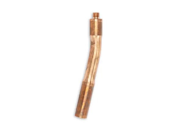A Lincoln Heavy Duty 12° Curved Submerged Arc Nozzle Extension - KP5166-12, featuring a polished, metallic cylindrical body with a threaded fitting on one end and an open plain end, is shown isolated on a white background.