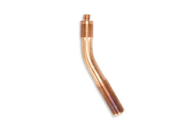 The Lincoln Heavy Duty 30° Curved Submerged Arc Nozzle Extension - KP5166-30, for the K231 Torch, is a brass or copper nozzle rated to 1200A. It features a threaded end, slight bend, and gold-bronze finish that stands out against a white background.